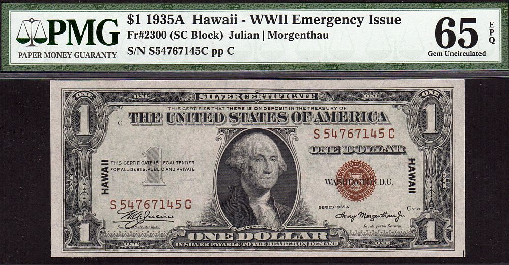 Fr.2300, 1935A $1 Hawaii SC, S54767145C, PMG65-EPQ